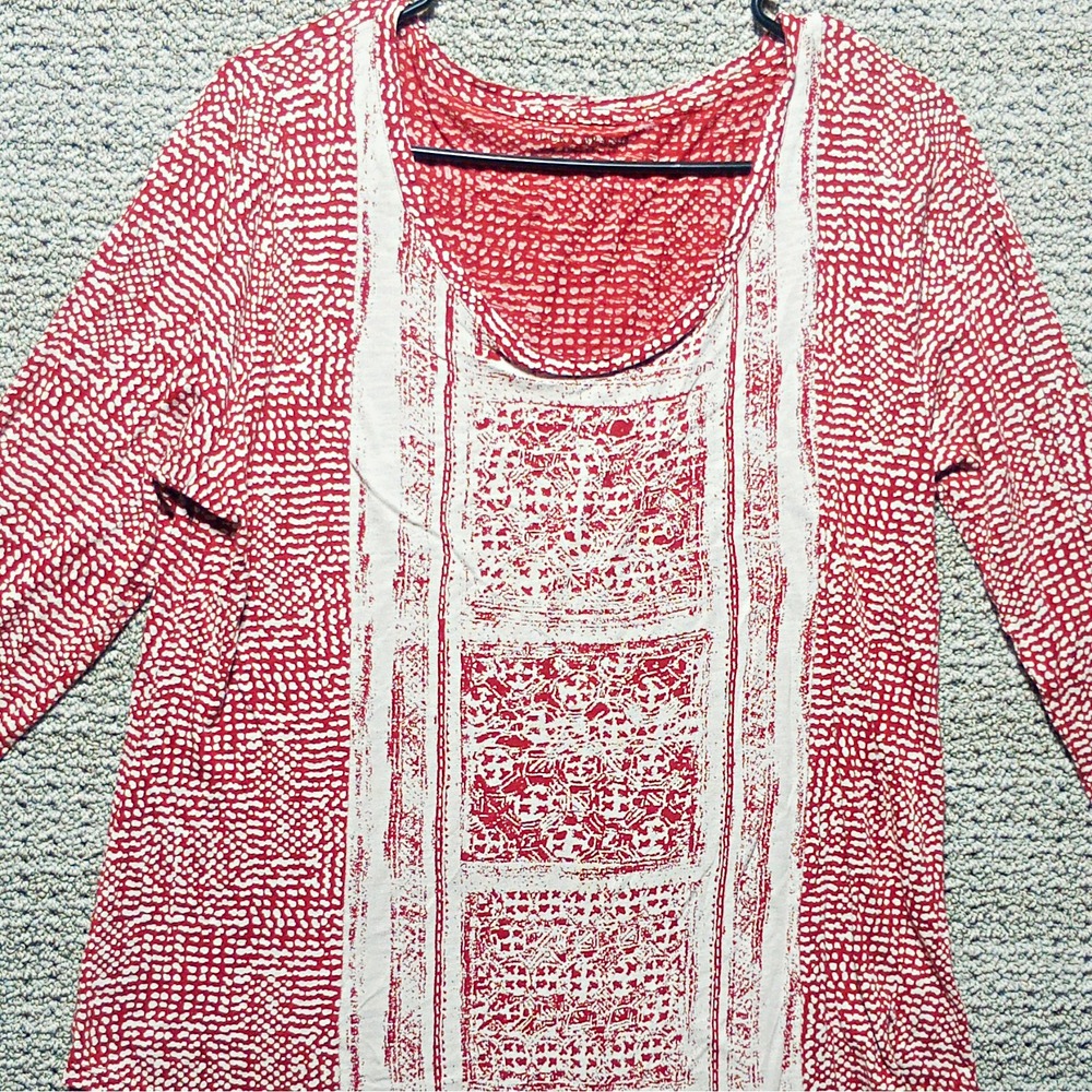 #F5-Lucky Brand Women's Red/White Geometric Scoop Neck 3/4 Sleeve Blouse Size L.